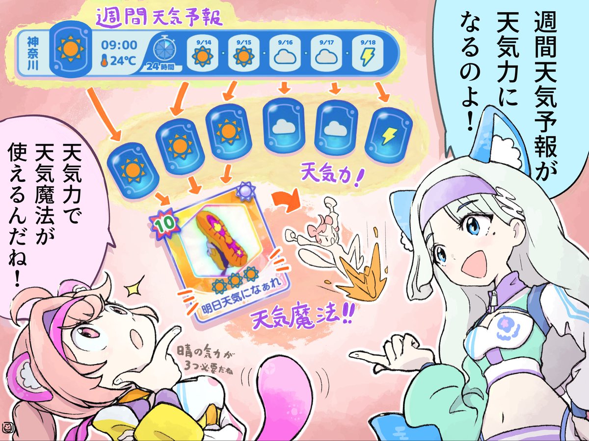 Shigeru_Ohmori's tweet photo. 【『雨のちハレ女』イラスト解説！】

『週間天気予報がカードゲームのエネルギーに見えた！』

…けど、言葉だけでは伝えるのは難しいと思い描いたイラストです。
ひまわりの顔がお気に入り！🌻

毎朝全国の天気予報を見ることが攻略情報になります！☀️☁️☔️

#ハレ女 https://t.co/wwBxPpcx0K