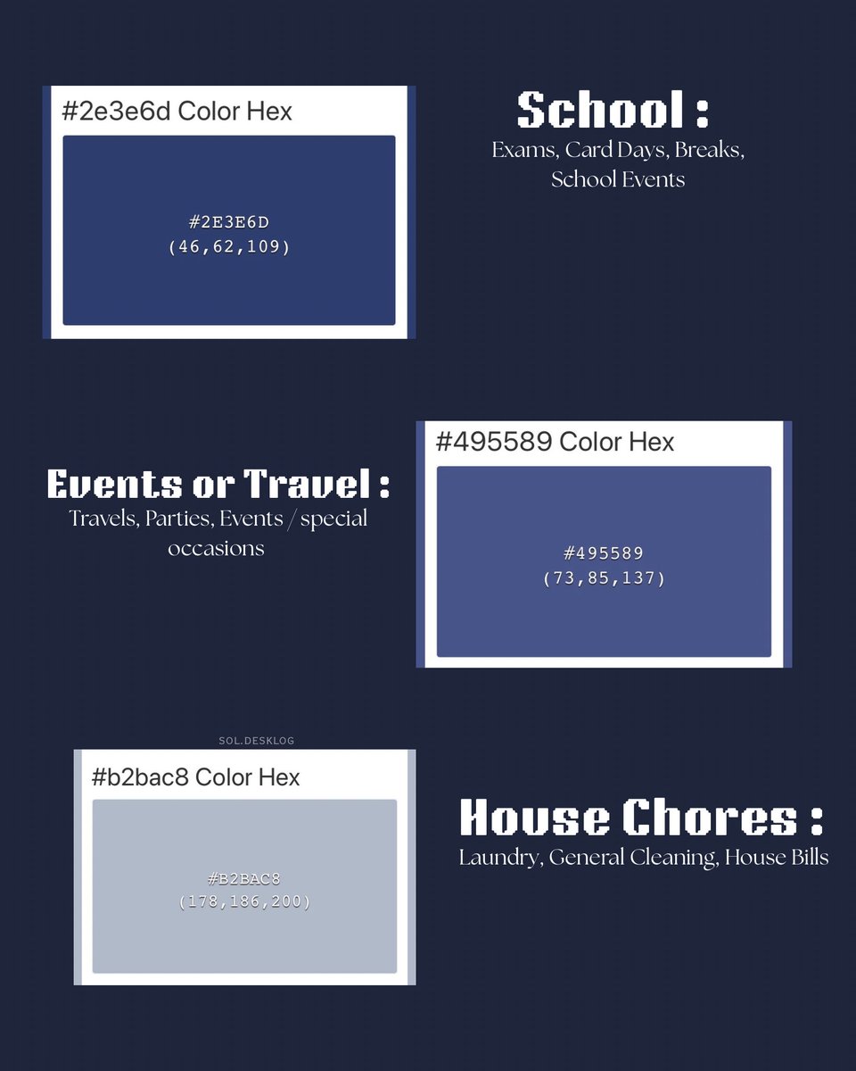 sol_desklog's tweet photo. ⊹ ࣪ ˖  Sharing my Google Calendar color schemes with color codes! 💙🦋 I use this to make my calendar look neat and organized! ♡.°

#studytwt #study #studytwtph https://t.co/ESwgiqSAec