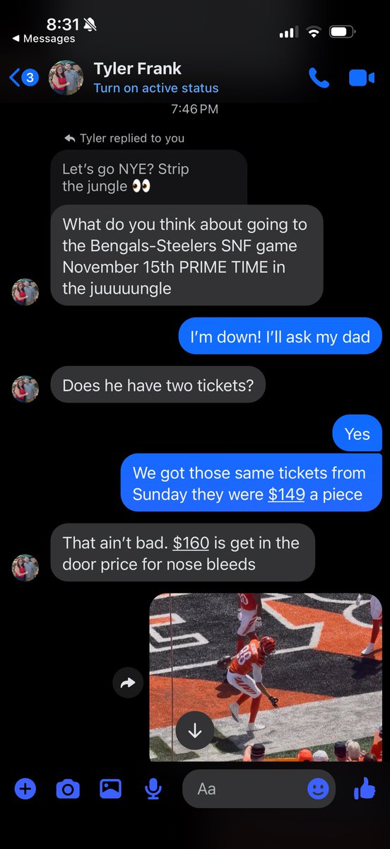 EvolveMyMindset's tweet photo. Ok Bengals nation I need your help! A buddy of mine has never been to paycor and wants to attend the Steelers Night game. Does anyone have 2-4 reasonably priced tickets to make it a cool experience?

His only nfl experience is 2010 Cleveland Browns! https://t.co/89FOnjRWsz