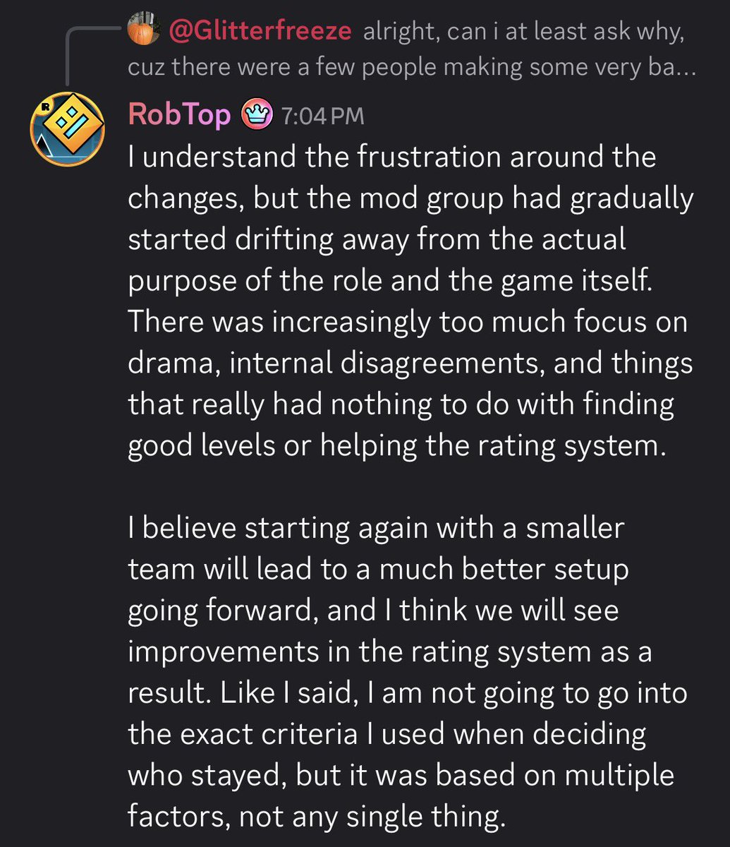 livyoshi_'s tweet photo. ROBTOP UPDATES:

-He will be rating a LOT of shit after 2.209 releases
-He doesn’t outright deny letting mods rate levels in the future
-He might add an actual daily/weekly safe
-The mods were kicked because the mod chat focused “too much on drama and internal disagreements” https://t.co/ryYsZpGYGj