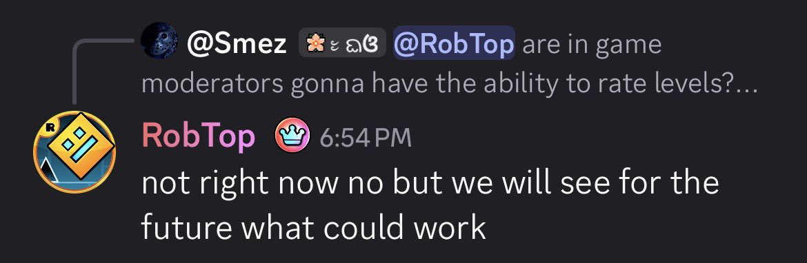 livyoshi_'s tweet photo. ROBTOP UPDATES:

-He will be rating a LOT of shit after 2.209 releases
-He doesn’t outright deny letting mods rate levels in the future
-He might add an actual daily/weekly safe
-The mods were kicked because the mod chat focused “too much on drama and internal disagreements” https://t.co/ryYsZpGYGj