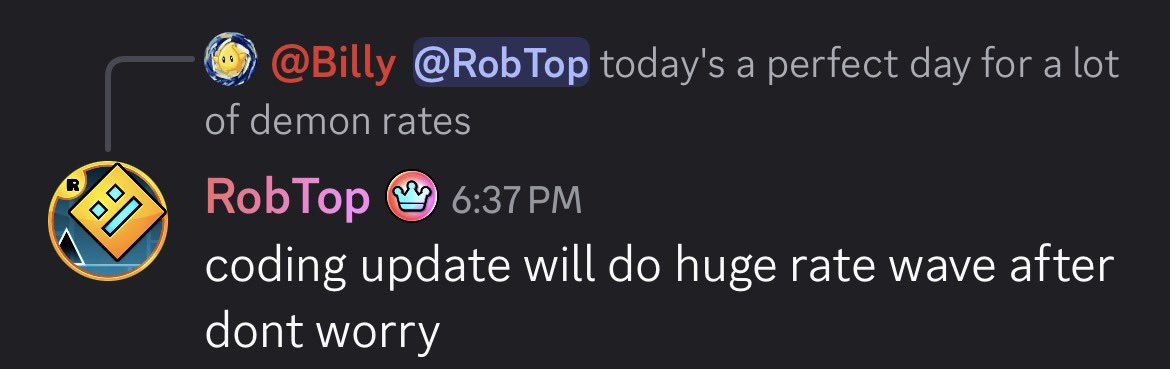 livyoshi_'s tweet photo. ROBTOP UPDATES:

-He will be rating a LOT of shit after 2.209 releases
-He doesn’t outright deny letting mods rate levels in the future
-He might add an actual daily/weekly safe
-The mods were kicked because the mod chat focused “too much on drama and internal disagreements” https://t.co/ryYsZpGYGj