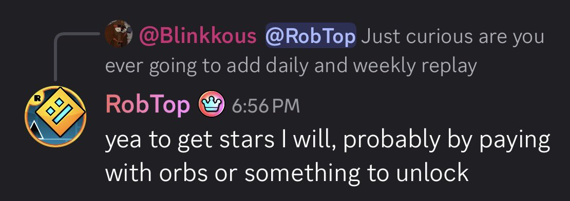 livyoshi_'s tweet photo. ROBTOP UPDATES:

-He will be rating a LOT of shit after 2.209 releases
-He doesn’t outright deny letting mods rate levels in the future
-He might add an actual daily/weekly safe
-The mods were kicked because the mod chat focused “too much on drama and internal disagreements” https://t.co/ryYsZpGYGj