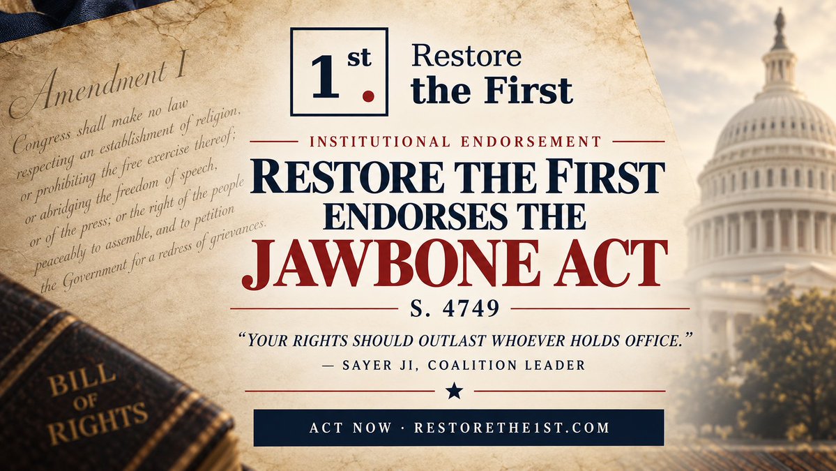 restorethe1st's tweet photo. 🚨 INSTITUTIONAL ENDORSEMENT 🇺🇸

Restore the First endorses S. 4749, the bipartisan JAWBONE Act, introduced by @SenTedCruz and @RonWyden.

No federal agency or official should be able to evade the First Amendment by pressuring private platforms, broadcasters, or AI systems to suppress protected speech.

The JAWBONE Act would create a federal cause of action for people harmed by government coercion—or attempted coercion—while providing meaningful relief, transparency, and accountability.

JAWBONE is the operational bill for government pressure exerted through platforms and other speech intermediaries.

Restore the First’s proposed First Amendment Remedies Act goes further: it would establish a broader federal remedy for First Amendment violations beyond JAWBONE’s intermediary-focused protections.

We support both as complementary safeguards—not competing proposals.

Our principle is viewpoint-neutral and administration-neutral:

Your rights should outlast whoever holds office.

— Sayer Ji @sayerjigmi

Coalition Leader, Restore the First

🚨 ACT NOW: S. 4749 is on tomorrow’s Senate Commerce Committee markup agenda. This is the critical stage at which legislation can advance, be amended, or stall—so lawmakers need to hear from the public now. ⚖️🗽

👉 Support the JAWBONE Act: https://t.co/2dEfq9ppQb

See how the Remedies Act goes further: https://t.co/uaNObctvvA