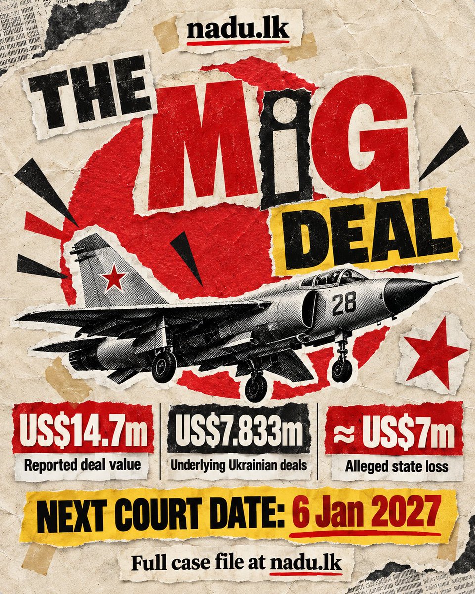 Nadulkweb's tweet photo. US$14.7m paid. US$7.833m reached the Ukrainian supplier. Nearly US$7m is alleged to have been misappropriated ✈️

That is the money trail at the centre of Sri Lanka’s MiG deal currently under investigation against Gotabaya Rajapaksa. 

#LKA #SriLankaPolitics https://t.co/u1Ni2L0Rzr