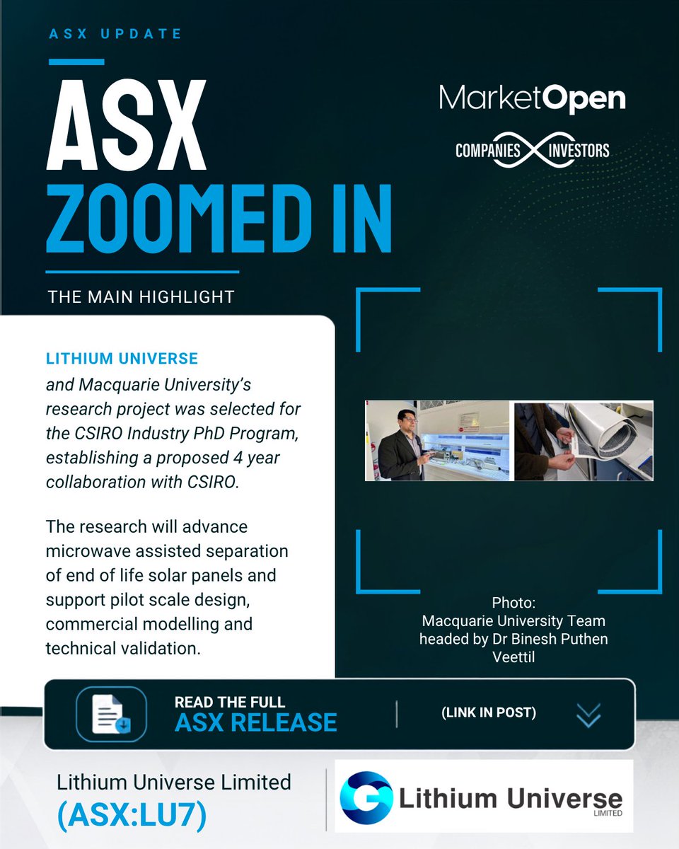MarketOpenAUS's tweet photo. Lithium Universe and Macquarie University’s research project was selected for the CSIRO Industry PhD Program. The proposed 4 year program will advance microwave assisted solar panel recycling.
View the ASX announcement: https://t.co/zs4ynkikJC
@LithiumUniverse
#ASX #LU7 #CSIRO