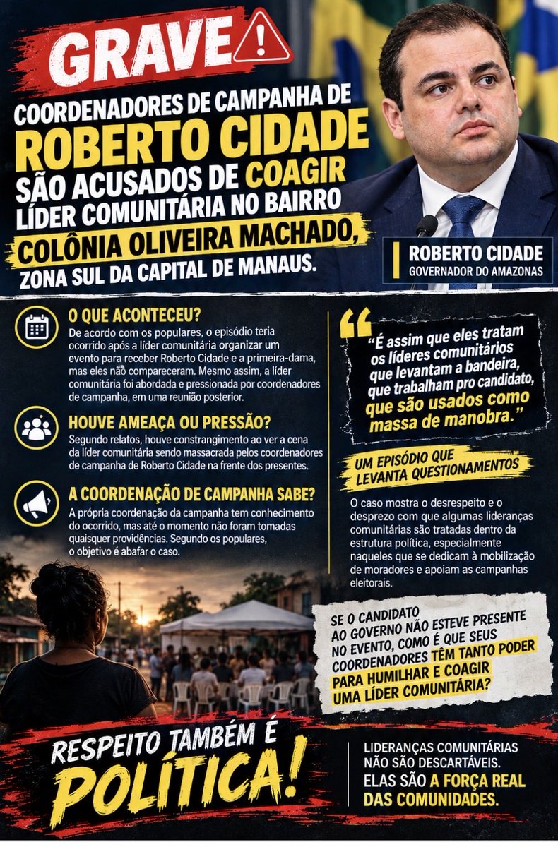 MayconMEDVET's tweet photo. 🚨Denúncia 
Coordenadores de campanha do GOVERNADOR Roberto Cidade,humilham líder comunitária do bairro Colônia Oliveira Machado.
Segundo relatos ñ é a primeira vez que isso vem acontecendo.
Eu conheço a Simone,ela é maravilhosa,está nessa pq precisa, absurdo. https://t.co/KVm0NdEi6O