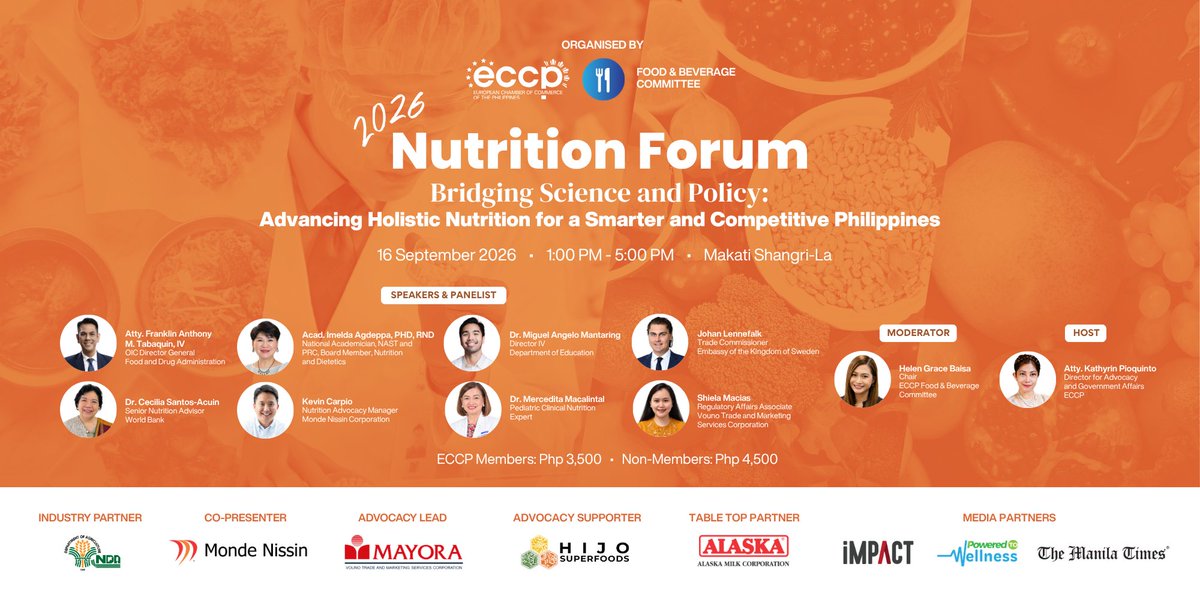 eccponline's tweet photo. 𝗥𝗘𝗔𝗗: ECCP set to hold 5th Annual Nutrition Forum

The European Chamber of Commerce of the Philippines (ECCP), through its Food and Beverage Committee, is proud to host the 5th edition of the annual Nutrition Forum at Makati Shangri-La on Sept. 16.

Themed “Bridging Science and Policy: Advancing Holistic Nutrition for a Smarter and Competitive Philippines,” this year’s forum will bring together experts, government partners, industry leaders, and development organizations to examine the interconnected pillars of nutrition.

Read more at The Manila Times: https://t.co/tZFFhKjxN0

#ECCPintheNews