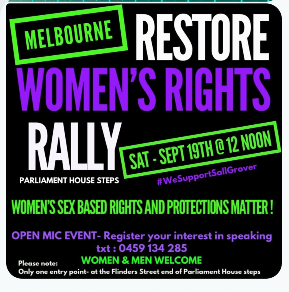 Juanita30622990's tweet photo. @RachaelWongAus @stephbastiaan @salltweets @Katherine_deves 
The police are not going to provide the police presence at Victoria's rally.  First reason, no funding in the budget.  Then 24hours later cited a conflict of human rights. There is no conflict because women dont have human rights to sex-based rights.  We are going a head with the rally.  The media is silent on there decision. 
THE RALLY IS STILL HAPPENING.  If we don't then women's rallies will be over in Victoria.  
We need your help to spread the word.
Why are women's voices being silenced @BenCarrollMP