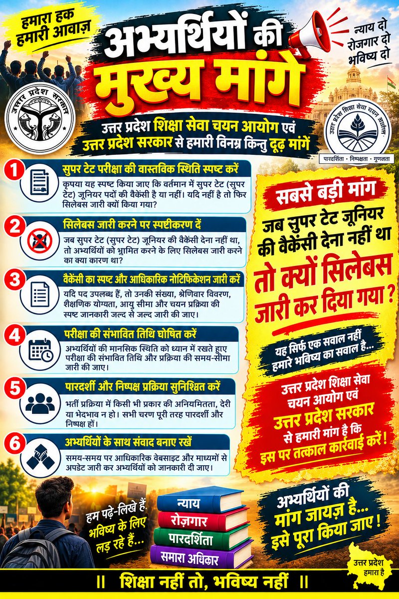shubham_kumar08's tweet photo. @upesscprayagraj सरकार से अनुरोध है कि जल्द से जल्द सुपर टेट जूनियर और टीजीटी की वैकेंसी का अधिकारिक नोटिफिकेशन जारी करें तथा छात्रों को जुमला देने का प्रयास ना करें 🙏🙏🙏🙏
#शिक्षक_भर्ती https://t.co/XIG7Yzo6hr