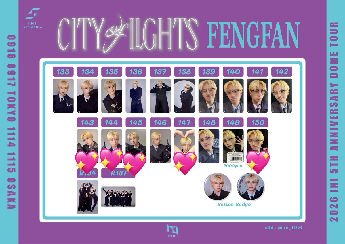 c0krmz's tweet photo. INI ANTHEM CITY OF LIGHTS XQUAREトレカ 缶バッジ 交換

譲  画像1.2枚目
　　池﨑135.139.141
　　後藤142
　　佐野135
　　尾崎145
　　西150(7000円)

求  許  画像3枚目💖
　　XQUARE Blu-ray
        封入トレカ

本日午後ドームにて手渡し交換希望
お気軽にお声掛けください😊
#INI交換 https://t.co/tsN2p4OZUK
