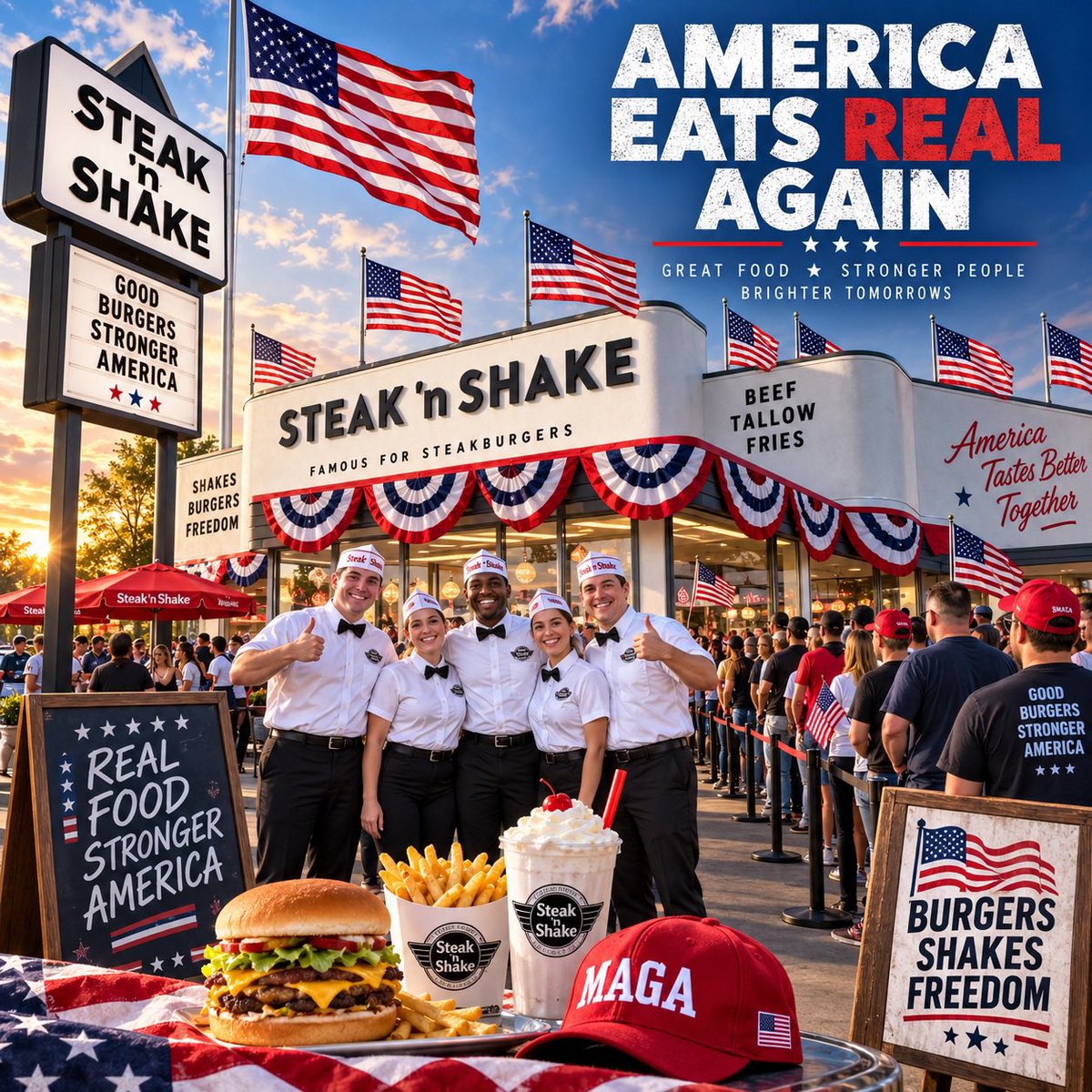 GuntherEagleman's tweet photo. Kudos to Steak ’n Shake, they didn’t tiptoe into the MAGA/MAHA lane. They jumped in with both feet.

Beef-tallow fries, grass-fed beef, giant American flags and unapologetic patriotic branding. And the business numbers moved with it: same store sales rose about 14% in the first half of 2026, while foot traffic climbed 5.8%.

Love the politics or hate them, that’s one heck of a brand experiment.