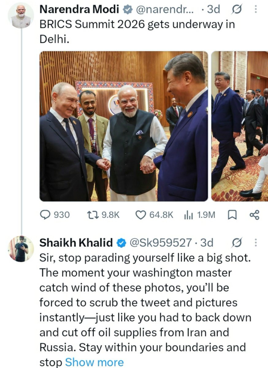 Sk959527's tweet photo. Hahaha, so much for the vishwaguru and the famous danka of Indian diplomacy.

Looks like trump is finally sending the bill for all those photo ops. Maybe we should have fed him some paneer  lababdar and millet pulao too. 😂

I told Modi ji.... don’t overdo the photo ops with Putin and Xi Jinping. Your American BOSS might get jealous and angry.

But who listens to me?

Danka keeps beating in India.
The tariff bill keeps arriving from America. 😏