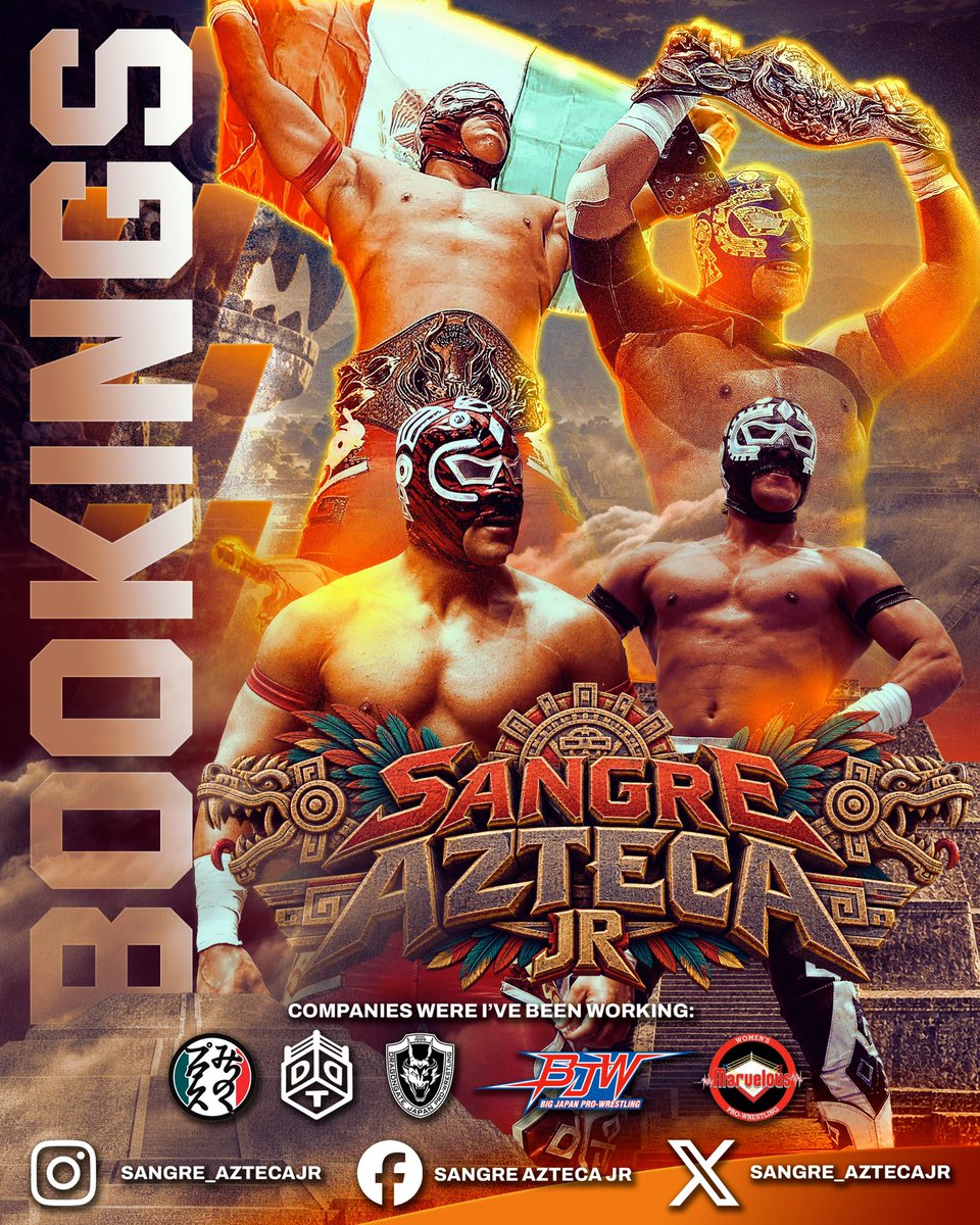 Sangre_AztecaJr's tweet photo. Hola, soy Sangre Azteca Jr. soy luchador mexicano y actualmente formo parte de la empresa Michinoku Pro Wrestling en Japón. A partir del próximo 18 de Noviembre, estaré de regreso en México y me gustaría trabajar en diferentes empresas y lugares! 
Por favor si estás interesado en contar conmigo para trabajar en tu empresa, promotora o proyecto, no dudes en enviarme un mensaje a cualquiera de mis redes sociales que aparecen en la imagen, o bien, al correo electrónico que está vinculado en mi perfil, muchas gracias, espero que trabajemos juntos muy pronto.

Hello, I’m Sangre Azteca Jr., a Mexican professional wrestler currently part of Michinoku Pro Wrestling in Japan.

Starting November 18th, I’ll be back in Mexico and I’m looking forward to working with different wrestling companies and promotions!

If you’re interested in having me work for your company, promotion, or project, please feel free to contact me through any of my social media accounts shown in the image, or via the email address linked to my profile.

Thank you very much, and I hope we can work together very soon.
🌎 
📄 @mrjusticemx 
#SangreAztecaJr