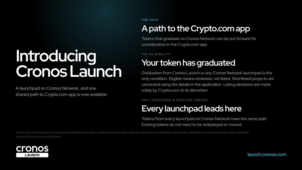 CronosNetwork's tweet photo. Introducing Cronos Launch.

Live at https://t.co/yRCddLF3bF

A launchpad for new tokens on Cronos Network, and a path to the https://t.co/W0ZGUlimoV app.

Tokens from any other launchpad on Cronos Network use that same path. https://t.co/gPyVHbE5tS