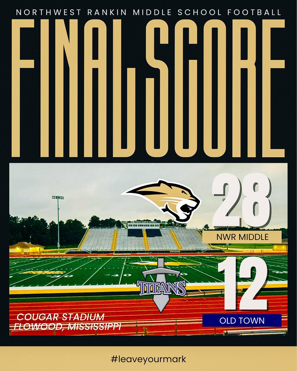 NWRMiddleSchool's tweet photo. | FINAL |

NWRMS 8th Grade Football defeats Old Town (Ridgeland) 28-12! The Cougars are back in action next Tuesday when they travel to Byram. 

GO COUGARS!!! 🐾 https://t.co/5W1rpmvISn