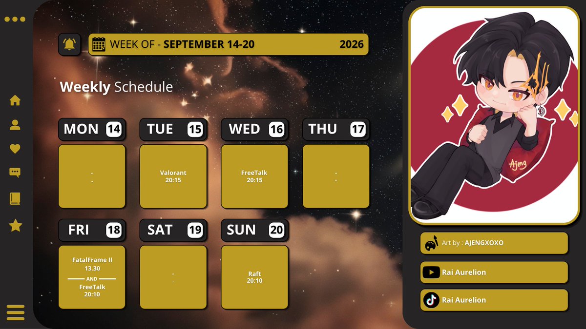 rai_aurelion's tweet photo. ˚ ☾. ⋅ 𝙒𝙚𝙚𝙠𝙡𝙮 𝙎𝙩𝙧𝙚𝙖𝙢 𝙎𝙘𝙝𝙚𝙙𝙪𝙡𝙚 ‧₊˚ ☾. ⋅

:: 14 - 20 September 2026 ::

⊹ ࣪ ˖ 𝐇𝐚𝐬𝐡𝐭𝐚𝐠𝐬 ˚. ᵎᵎ
✧General: #Raisama
✧Fanart: #AurelitesArt
✧Clip: #RaiMoments
✧Meme: #Raimeme
✧Live: #RaiKerja https://t.co/99LoMbWHq3