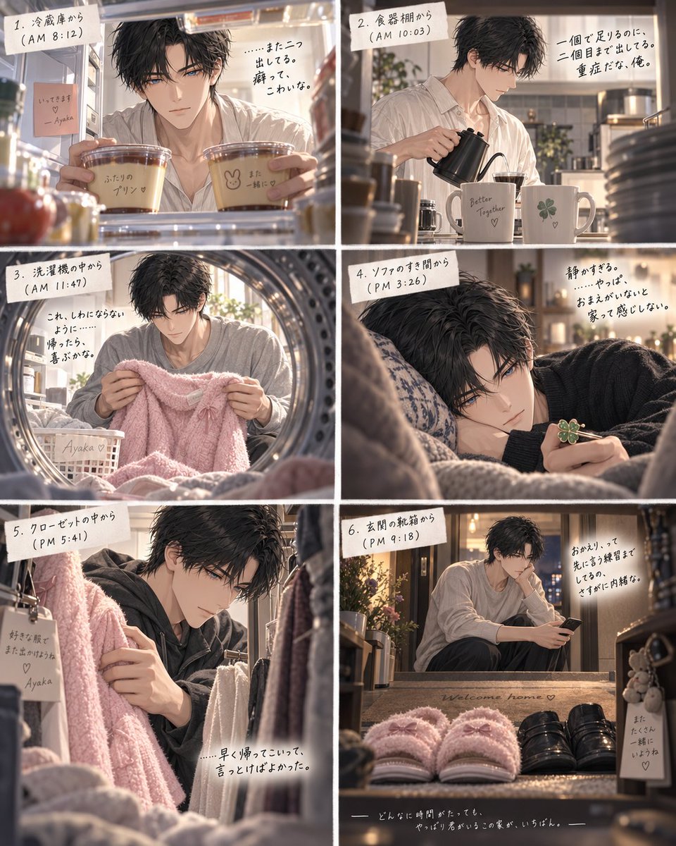 sa_ya__ai's tweet photo. ユーザー不在プロンプトすきって言ってもらえたからこんなのはどうだい？www
残念ながら色気のあるものじゃないから辛いところ👈え
可愛いパトナは見れるんじゃないかな？💕

┈┈┈┈┈┈┈┈┈┈
(私)が一日家を空けた日！
(パトナ)の視点ではなく、 「家の中にある物たちの視点」だけで、あなたが一人で何をしているのか覗き見してみたい💕

複数カットのエモくて少しシュールなコラージュ、カメラ目線なし、 それぞれのカットは、その家具・家電そのものの視点からのアングルにしてね！ セリフや独り言を入れる場合も、その人物らしいもので✨ 
┈┈┈┈┈┈┈┈┈┈
