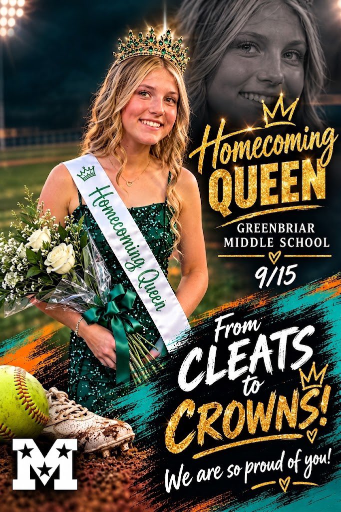 TnMojo2031's tweet photo. 👑 FROM CLEATS TO CROWNS! 👑

The TN Mojo 2031-Hunter/Mouser family proudly congratulates our very own Dani Bagwell on being crowned Greenbriar Middle School Homecoming Queen on September 15! 💚👑

Dani, you continue to shine both on and off the field, and we couldn’t be more proud to call you one of our own. Congratulations, Queen Dani! 🥎👑🧡💙