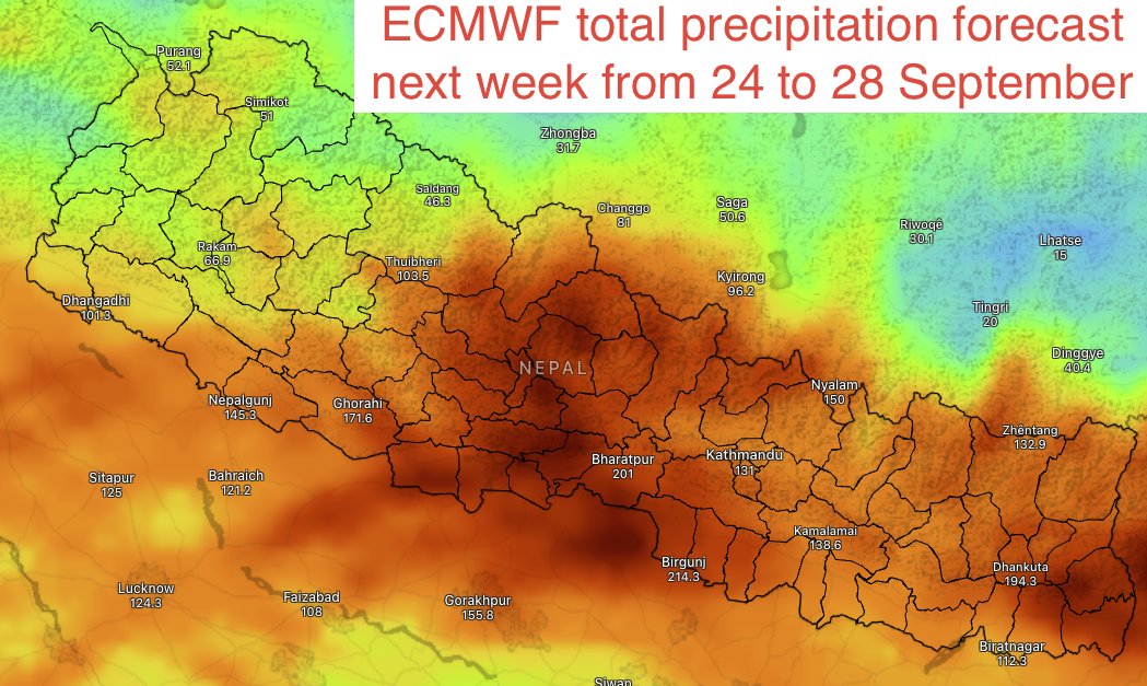 BinodClimate's tweet photo. #TropicalCyclone Watch ⚠️
घुमीफिरी यो चक्रवात नेपालतिरै आउने सम्भावना बढेको देखिन्छ
चारवटै मोडेलले असोज ८–१२ मा नेपालमा भारीदेखि अति भारी वर्षाको संकेत गरेका छन्
अझै पूर्वानुमान निश्चित भइसकेको छैन, तर अहिलेदेखि नै सतर्कता अपनाउनु उचित देखिन्छ
6-hrly &amp; total precip forecast👇 https://t.co/jOpGNNNppd