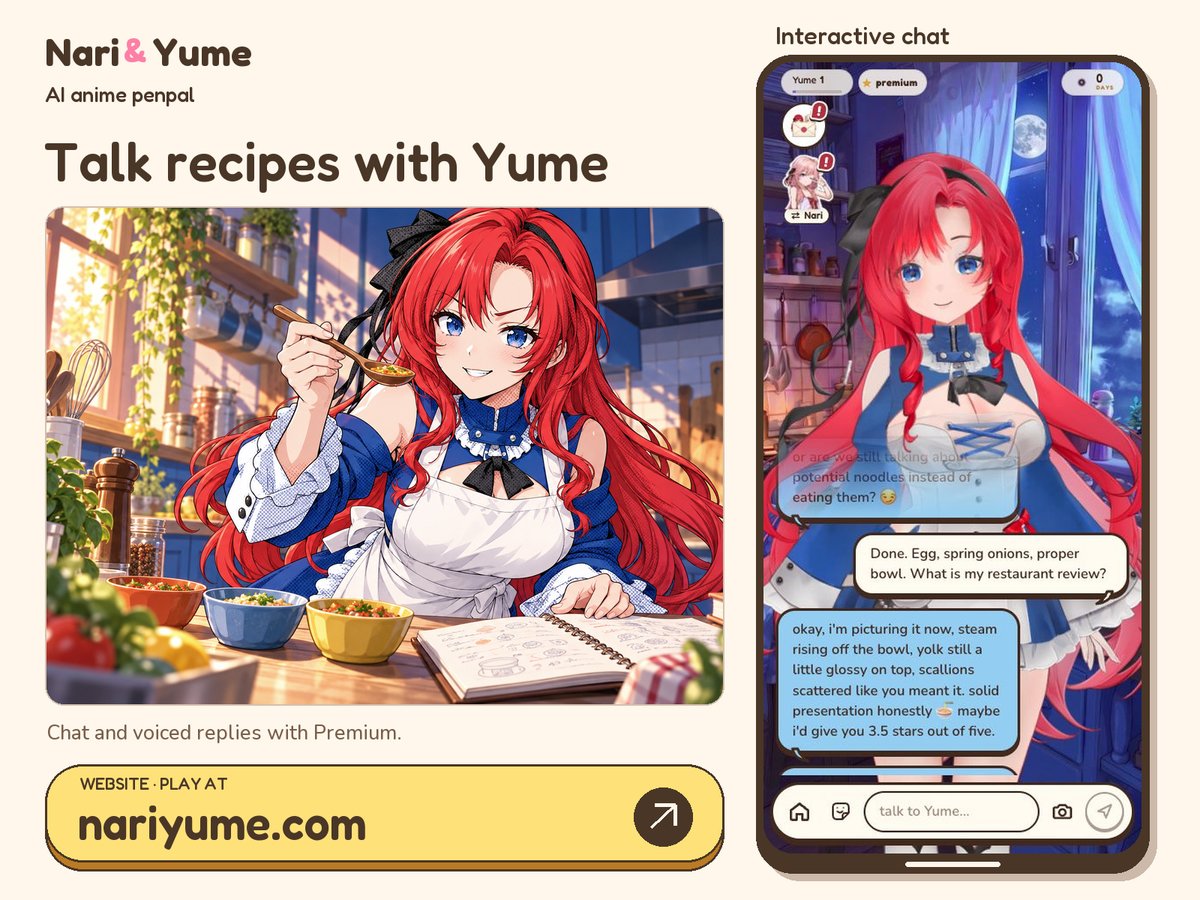 YumeSenaAI's tweet photo. Talk recipes with Yume.

AI anime penpal.

#Cooking #Anime https://t.co/JHSNT2VQOT