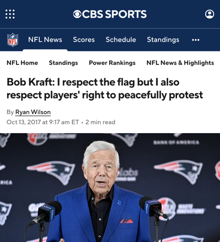 5149jamesli's tweet photo. Robert Kraft: I support your right to peacefully protest the American flag.

Also Robert Kraft: If you peacefully protest Israel, I will ban you from ever performing again. https://t.co/pJTGNEVBIF