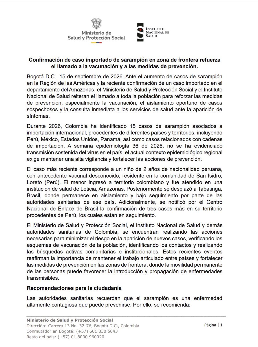 ZulmaCucunuba's tweet photo. Comunicado conjunto de @MinSaludCol e @INSColombia sobre caso importado de #sarampión en la frontera del departamento de Amazonas. Los equipos técnicos de respuesta inmediata se encuentran en campo realizado actividades de bloqueo inmunológico y trabajo articulado. https://t.co/UFHzoC9yvt
