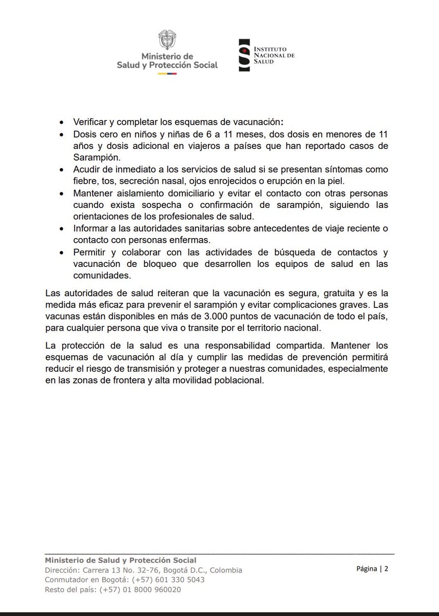 ZulmaCucunuba's tweet photo. Comunicado conjunto de @MinSaludCol e @INSColombia sobre caso importado de #sarampión en la frontera del departamento de Amazonas. Los equipos técnicos de respuesta inmediata se encuentran en campo realizado actividades de bloqueo inmunológico y trabajo articulado. https://t.co/UFHzoC9yvt