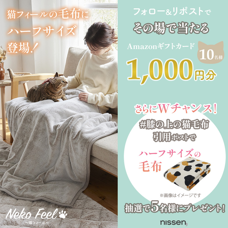 nissen's tweet photo. 猫feel新作キャンペーン｜２日目
抽選でAmazonギフトカードプレゼント

①本アカウントをフォロー
②この投稿をRP（10/1 10:59まで）
③当選したら即DM

猫との思い出ぜひリプで聞かせて☆

Wチャンス！
「膝の上の猫毛布」つきの引用ポストで
猫feelのハーフサイズ毛布が当たる☆
当選→後日DM