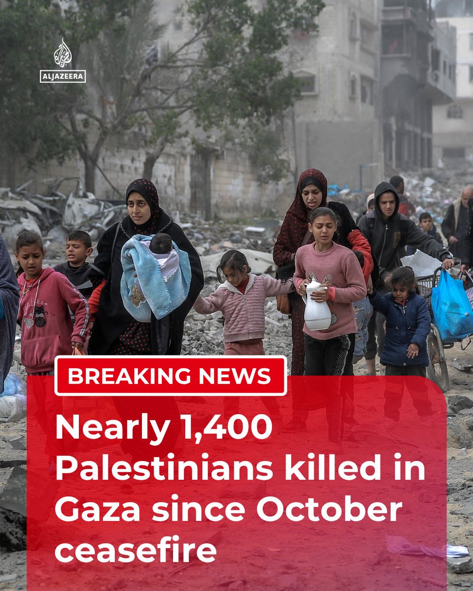 AJEnglish's tweet photo. BREAKING: Gaza’s Health Ministry says 1,375 Palestinians have been killed in Israeli attacks in the Gaza Strip since a ceasefire was agreed on October 10, 2025.

🔴 LIVE updates: https://t.co/vArV9fZliO https://t.co/BiqVVtHgU3