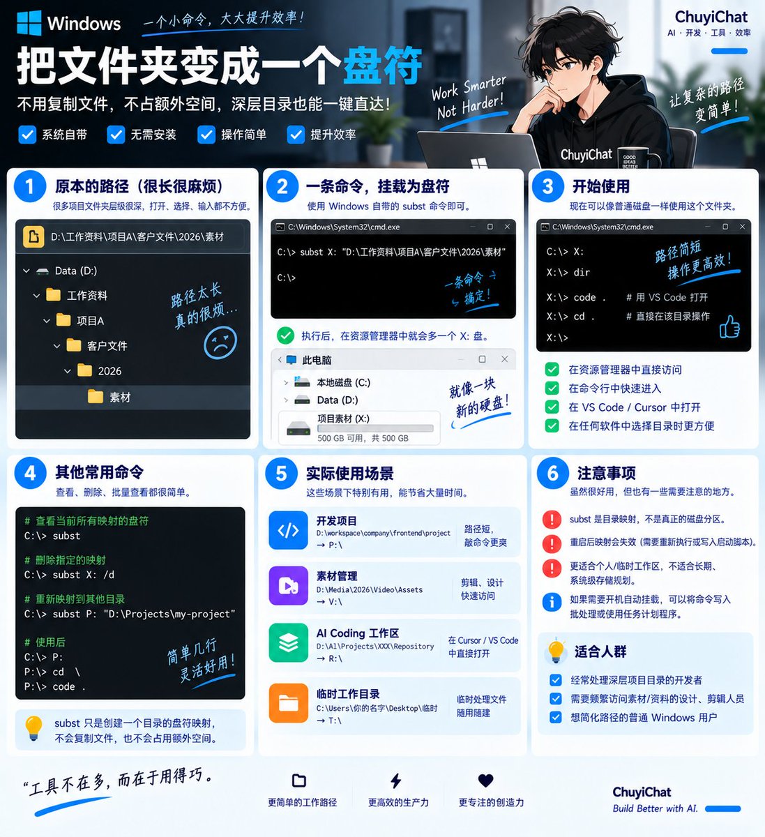 ChuyiChat's tweet photo. Windows 这个命令我感觉知道的人真不多。

一个藏得很深的文件夹：

D:\工作资料\项目A\客户文件\2026\素材

一条命令：

subst X: "D:\工作资料\项目A\客户文件\2026\素材"

它会直接变成：

X:\

资源管理器里看起来就跟多了一块硬盘一样。

没有复制文件，也不会占双份空间。

我现在遇到路径特别深的项目、素材目录，直接给它挂个盘符。

取消也只要：

subst X: /d

尤其是一些软件选目录，或者 Cursor / VS Code 打开深层项目的时候，路径一下就干净了。

完整用法和几个容易踩的坑我整理到图里了👇