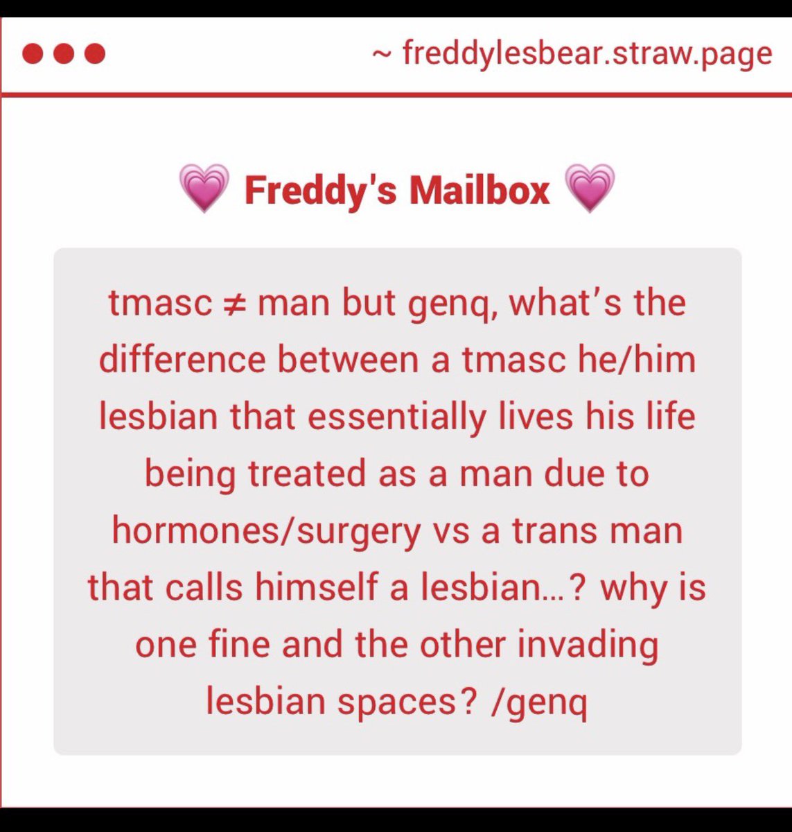 FeddyLesbear's tweet photo. because tmascs lesbians arent men...? and tmasc lesbians like to be masculine even if they get surgery or dress a certain way they arent trying to be men...? they just want to present as masculine. them being treated or mistaken as men doesnt make them any less of a woman or enby https://t.co/6OYO7p3KM9