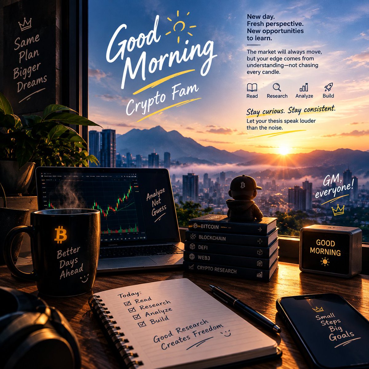 mmmd234a's tweet photo. ☀️ Good Morning, Crypto Fam

New day. Fresh perspective. New opportunities to learn. 📊

The market will always move, but your edge comes from understanding—not chasing every candle.

☕ Read. Research. Analyze. Build.

Stay curious. Stay consistent. Let your thesis speak louder than the noise.

GM, everyone! 🚀

#GoodMorning #GM #Crypto #Bitcoin #Web3 #DeFi #CryptoResearch