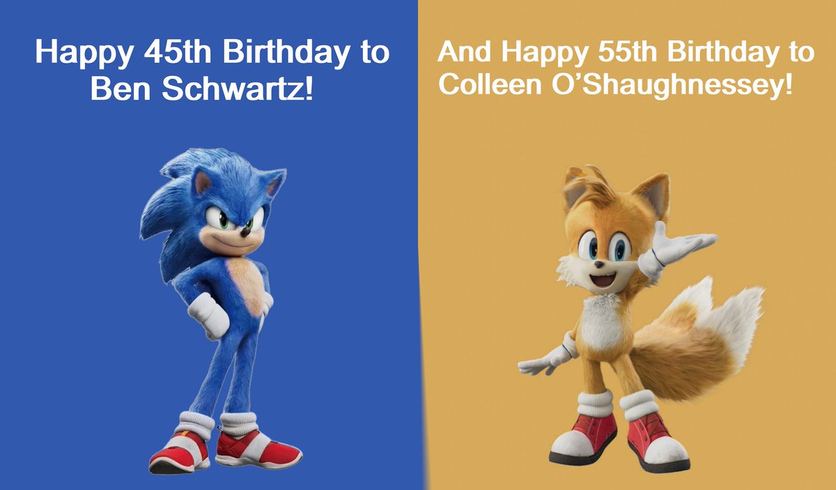 IJStarz18's tweet photo. Happy 45th birthday to Ben Schwartz, the voice of Sonic the Hedgehog from the 2020 movie franchise of the same name and Happy 55th birthday to Colleen O'Shaughnessey, the voice of Miles "Tails" Prower (Since 2014) from Sonic the Hedgehog and Sonic the Hedgehog movie franchise! https://t.co/uOjdzg84AY