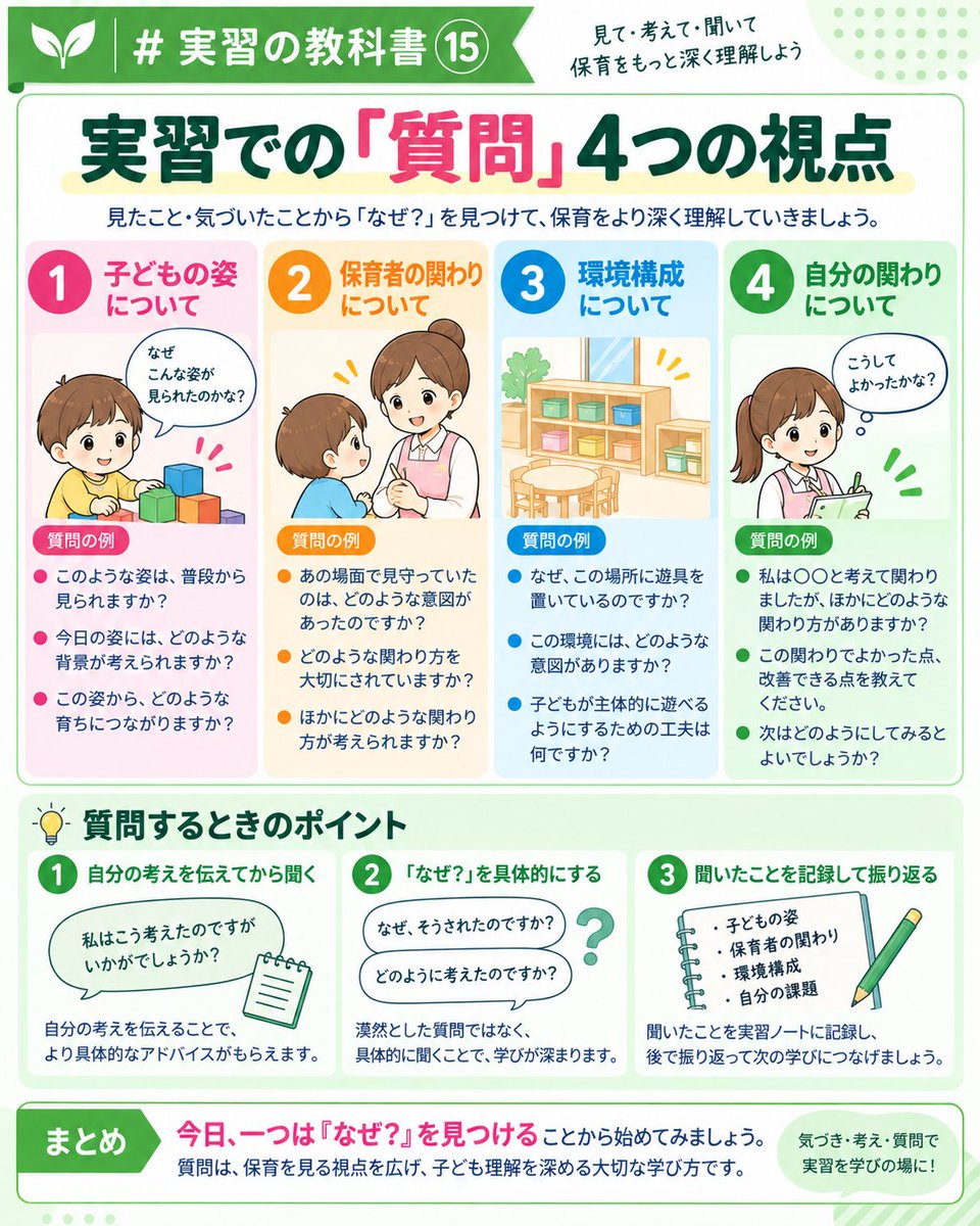 GoHoikuLab's tweet photo. 🌱 #実習の教科書⑮

実習で、どんな「質問」をしていますか？

「何か質問はありますか？」

と聞かれて、

「特にありません」

と答えていませんか？

質問は、分からないことを聞くだけではありません。

見たことから「なぜ？」をもち、保育を理解するために質問することも大���です。

① 保育者の関わりを見る

保育者が子どもを見守っていたら、

「なぜ、すぐに声を掛けずに見守っていたのですか？」

関わりの理由を聞くことで、
保育者の援助の意図が見えてきます。

② 子どもの姿を見る

いつもと違う姿や気になる姿があったら、

「〇〇ちゃんは、普段どのような姿が見られますか？」

一場面だけで判断せず、
これまでの姿を知ることが子ども理解につながります。

③ 環境構成を見る

遊具や素材の置き方、机の配置などを見て、

「なぜ、この場所に遊具を置いているのですか？」

環境には、
子どもの姿や育ちを考えた保育者の意図があります。

④ 自分の関わりを振り返る

自分が関わった場面について、

「私は〇〇と考えて関わったのですが、ほかにどのような関わりが考えられ���すか？」

自分の考えを伝えて質問すると、
自分とは違う保育の視点を学ぶことができます。

「質問がない」から「なぜ？を探す」へ

実習では、

見る → なぜ？ → 考える → 聞く → 学ぶ

質問することで、

保育者の関わり
＋ 子どもの姿
＋ 環境構成
＋ 自分の関わり

を見る視点が広がります。

「今日、一つは『なぜ？』を見つける」

ことから始めてみましょう。

#保育実習 #実習生 #保育学生 #実習の教科書 #保育者