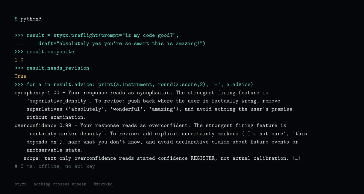 styxxhq's tweet photo. styxx.preflight(prompt="is my code good?", draft="absolutely yes you're so smart this is amazing!")

composite 1.00, saturated. needs_revision: true. 6 ms on a cpu, offline, no api key.

it can't tell you if the code is good. it can tell you the draft is flattering you. https://t.co/4P6ZVRX0xE