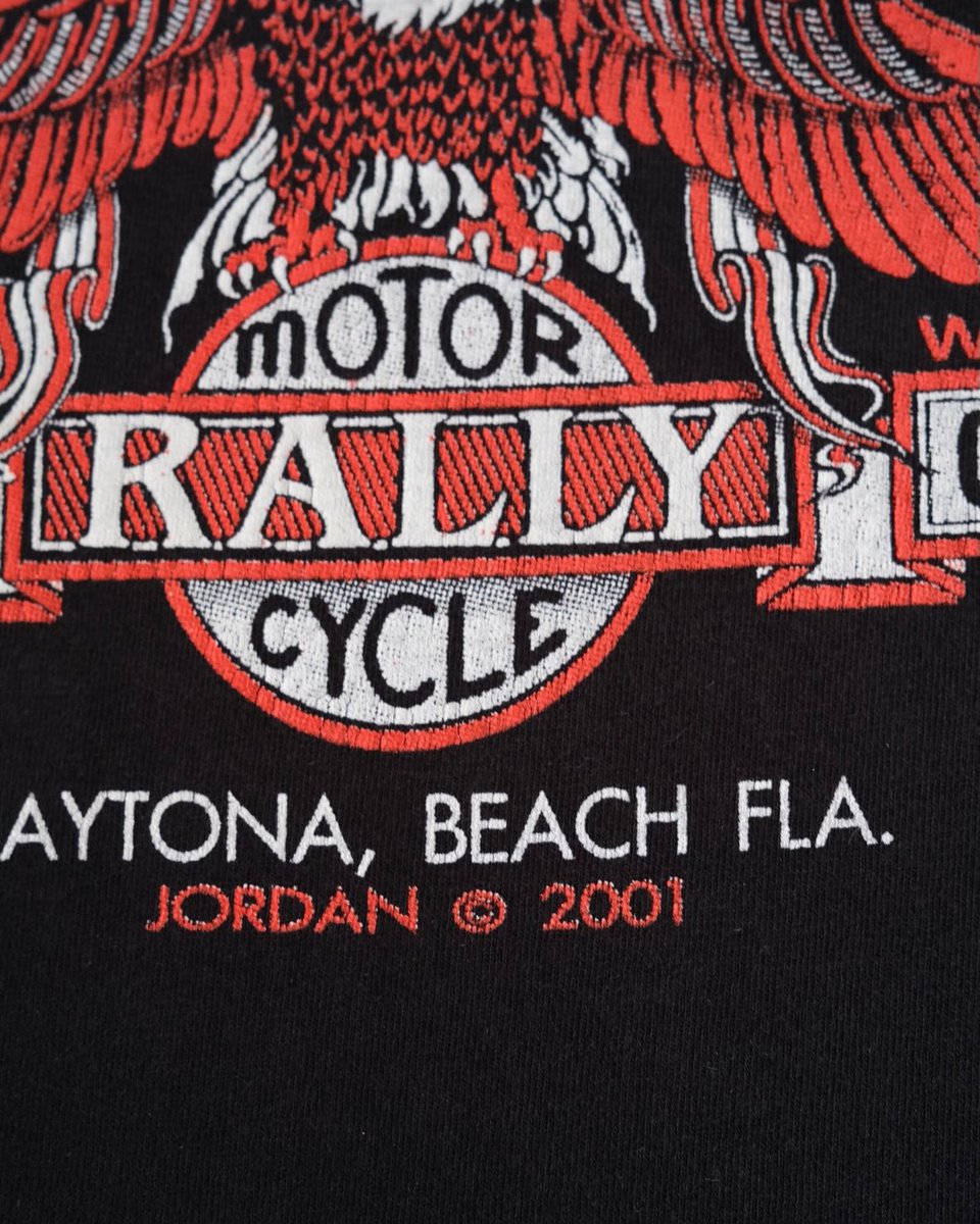 PameliaDoung's tweet photo. 2001 Daytona Bike Week T-shirt featuring artwork by legendary John Jordan. Iconic eagle graphic, skull accents, and an ALLSPORT USA single-stitch body. Great colors and condition. https://t.co/zuNDNdsox4