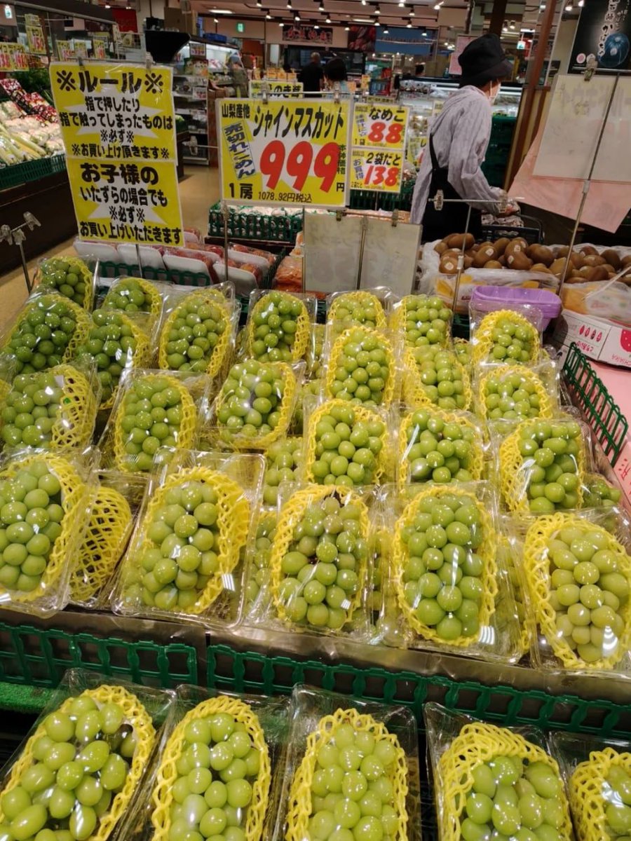 TheRedFox_ezh's tweet photo. 山梨県産のシャインマスカットが一面に並んでいます。つややかな緑色の粒はふっくらと張り、一粒一粒が輝くように瑞々しい。手書きの値札には 1 房 999 円と記され、プリプリとした食感と上品な甘さが目に浮かぶ、まさに秋の贅沢な恵みです✨ https://t.co/1t9V5hTG0K