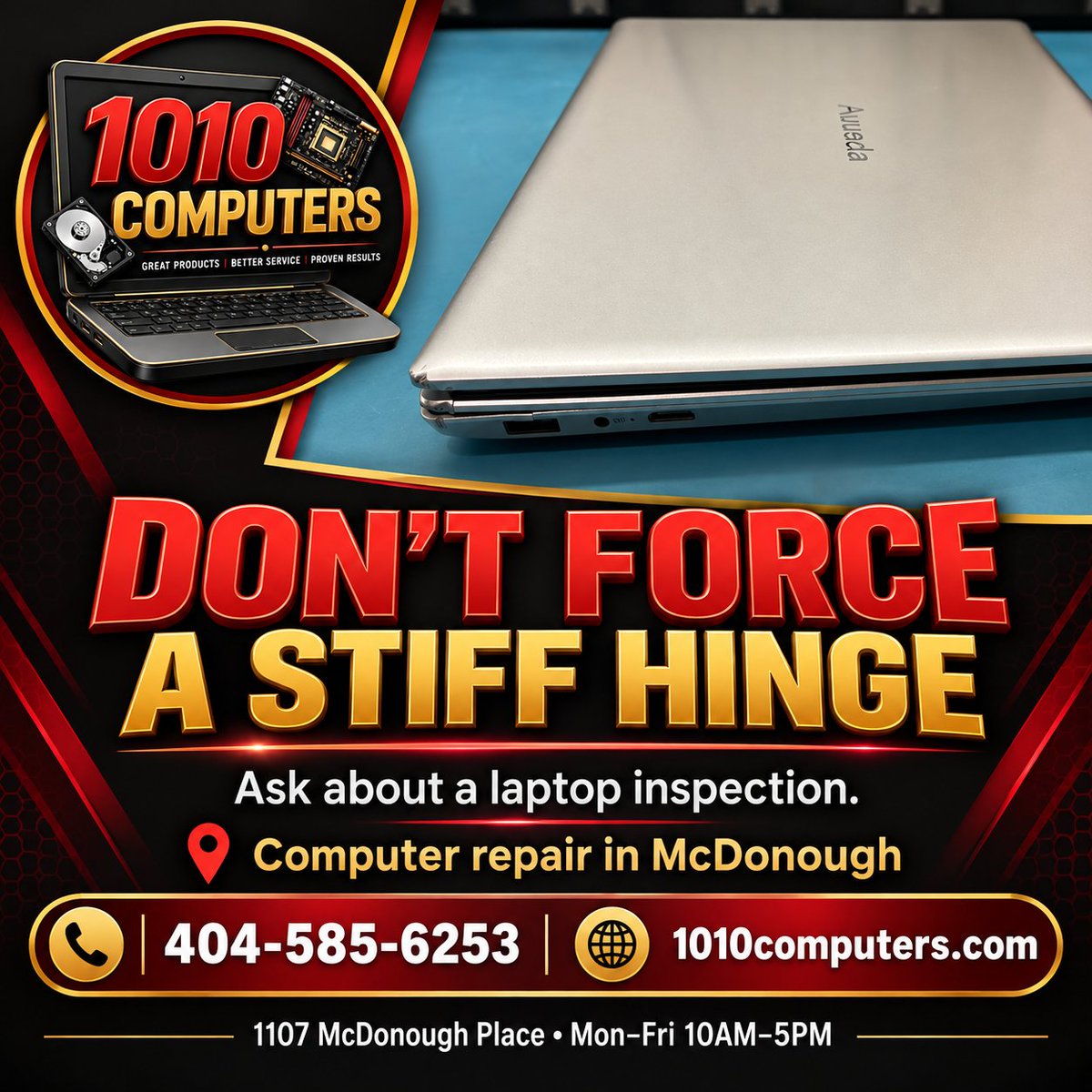 1010Computers's tweet photo. Small changes in how a laptop opens can be easy to overlook. Ask about diagnosis and repair options. McDonough | Mon-Fri 10AM-5PM | 404-585-6253 https://t.co/ZbJZHpUCnE https://t.co/jxU0L9TO8q