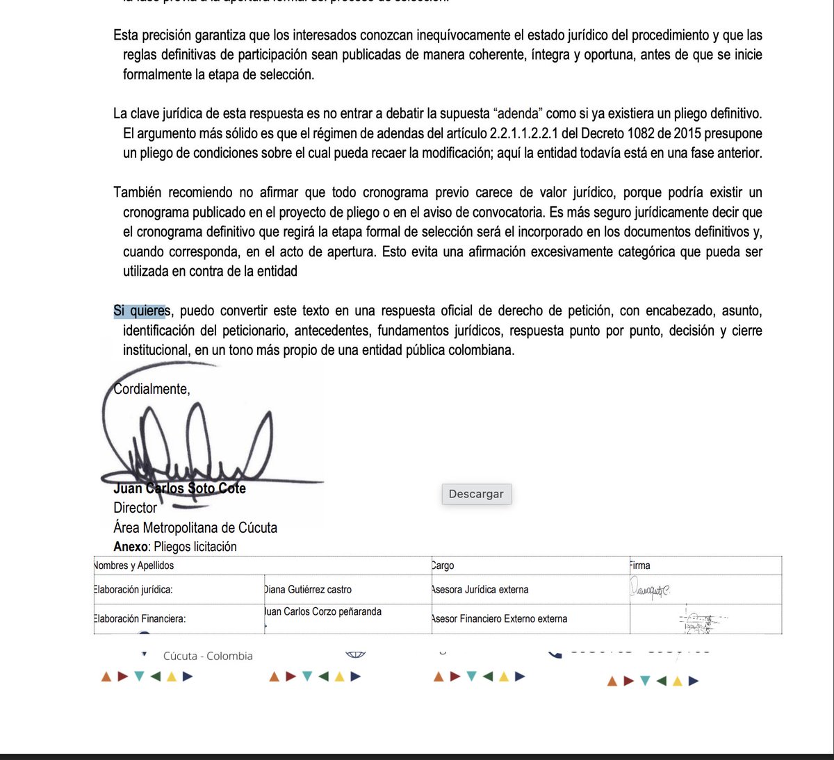 Arturo__Ramos's tweet photo. Mañana mismo probaré que el director del Área Metropolitana no solamente ha favorecido un proceso lleno de corrupción por donde se vea, sino que es un inepto irresponsable que firma un documento elaborado por inteligencia artificial sin siquiera una revisión mínima que lo salve de la vergüenza de contener esta coletilla: "Si quieres, puedo convertir este texto en una respuesta oficial de derecho de petición, con encabezado, asunto, identificación del peticionario, antecedentes, fundamentos jurídicos, respuesta punto por punto, decisión y cierre institucional, en un tono más propio de una entidad pública colombiana". Buena oportunidad para advertirle, al señor director Juan Carlos Soto Cote que, tiene hasta las 8 de la mañana de mañana para revocar el torcido del centro de bienestar animal, es la hora en que estaré en la fiscalía ampliando la denuncia.

Buenas noches.