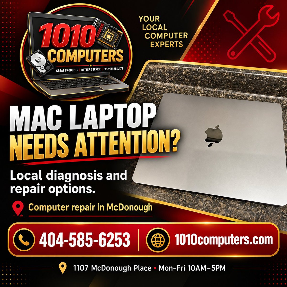 1010Computers's tweet photo. Mac laptop needs attention? 1010Computers provides local diagnosis and repair options in McDonough. Local computer service in McDonough. Mon-Fri 10AM-5PM. 404-585-6253 https://t.co/ZbJZHpUCnE https://t.co/BupZqbG15v