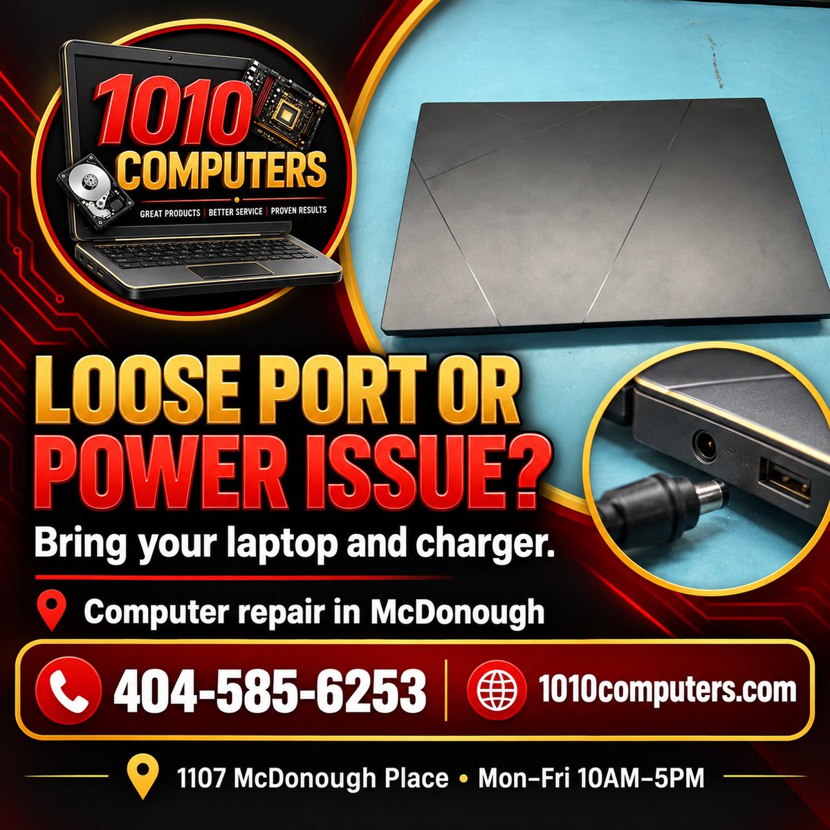 1010Computers's tweet photo. If power or an accessory connection is unreliable, tell us when it happens and which charger or device you use. Ask about diagnosis and repair options. McDonough | Mon-Fri 10AM-5PM | 404-585-6253 https://t.co/ZbJZHpUCnE https://t.co/KXBZwDFVhr