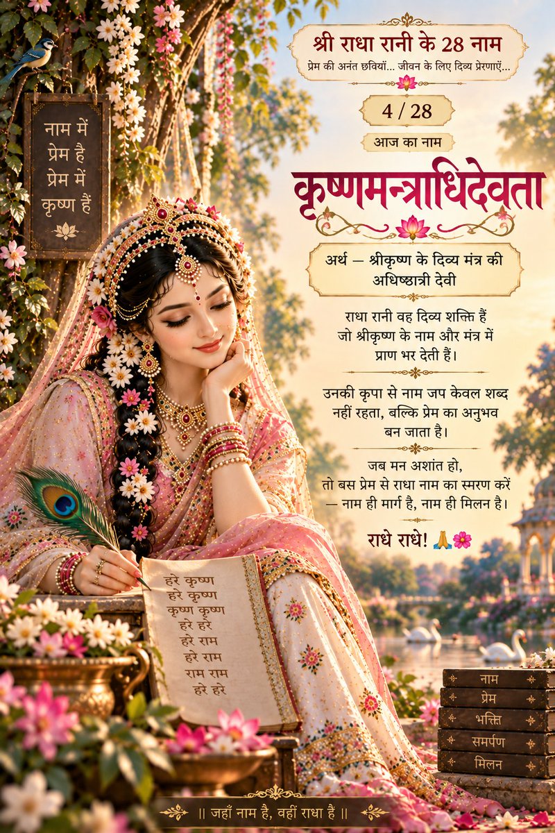 the_gbsir's tweet photo. 🌸 श्री राधा रानी के 28 नाम — 4/28

आज का नाम — “कृष्णमन्त्राधिदेवता”🙏

अर्थ: श्रीकृष्ण के दिव्य मंत्र की अधिष्ठात्री देवी।

यह नाम हमें याद दिलाता है कि नाम-जप केवल शब्दों का उच्चारण नहीं, बल्कि प्रेम और भाव से किया गया स्मरण है। ❤️

जब मन अशांत हो,
जब भीतर बहुत कुछ उलझा हो,
तब कुछ पाने की चिंता छोड़कर
बस प्रेम से नाम का स्मरण कीजिए।

नाम में श्रद्धा हो,
स्मरण में प्रेम हो,
तो मन स्वयं भक्ति की ओर लौटने लगता है। 🌸

राधे राधे!🙏🌸
#RadheRadhe #RadhaRani #KrishnaMantra #Bhakti