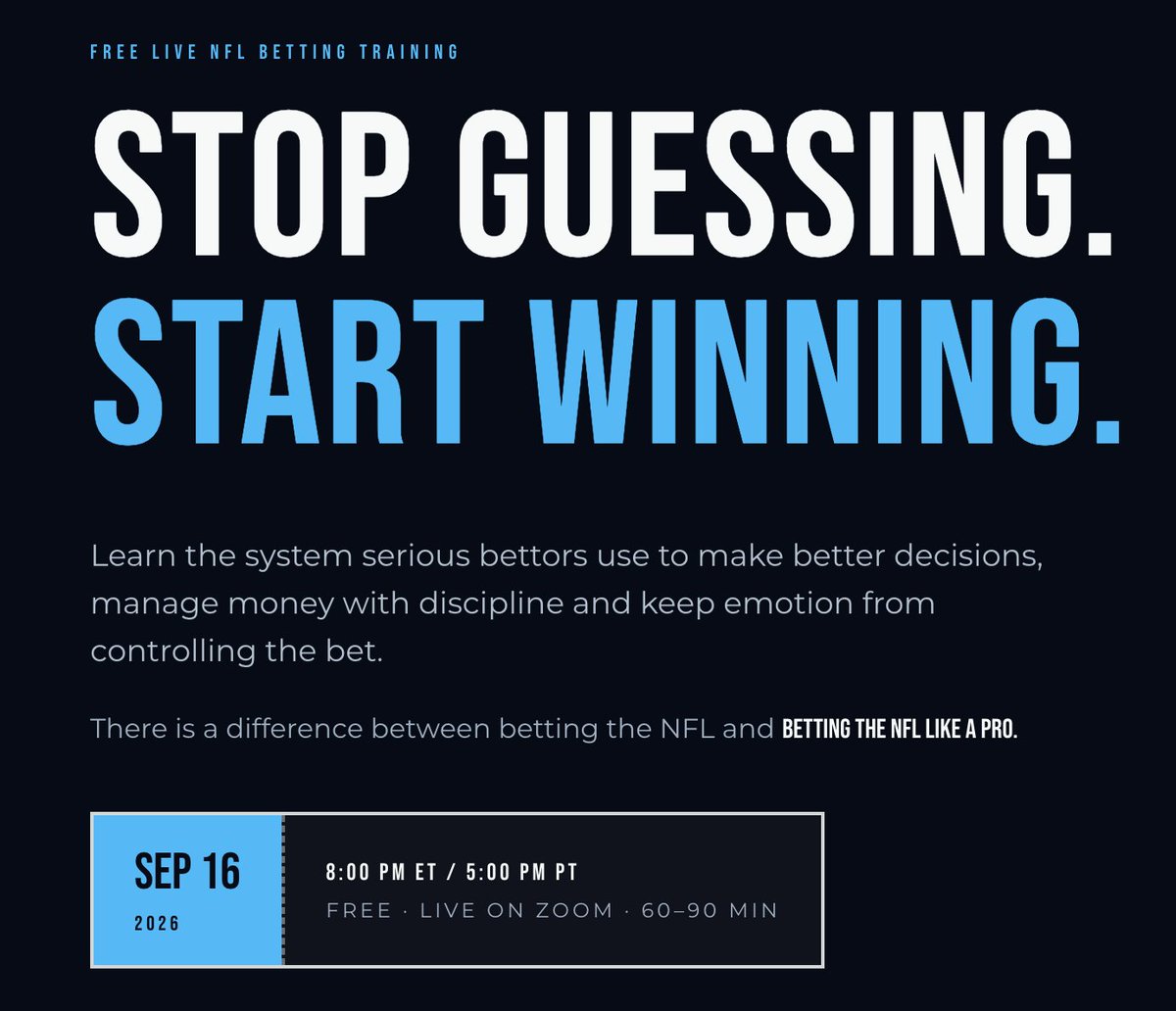 JJarvNFLbets's tweet photo. 230 of 300 spots are already filled for tonight.

If you’ve been thinking about joining, don’t wait until the last minute.

I’m going live at 8 PM ET / 5 PM PT to break down the system I use to approach NFL betting with more structure, discipline and consistency.

Free registration:
https://t.co/RIu48lmshm