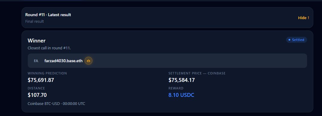 Finaltick's tweet photo. Round 11 settled.

Winner: farzad4030.base.eth
Called $75,691.87
Coinbase close: $75,584.17
Missed by $107.70

You don’t need a perfect call.
You need the closest one.

Round 12 is next.
https://t.co/Qw7mFcDVE3