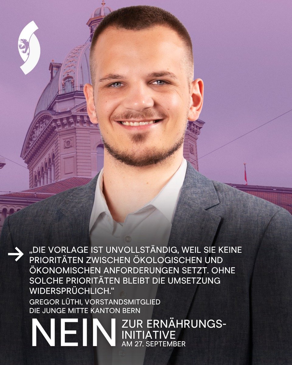 DieJungeMitteBE's tweet photo. Unser Vorstandsmitglied Gregor Lüthi sagt NEIN zur Ernährungsinitiative, weil die Vorlage unvollständig ist, da sie keine Prioritäten zwischen ökologischen und ökonomischen Anforderungen setzt. Deshalb bleibt die Umsetzung schwierig.
#diejungemittebern #ernährungsinitiative https://t.co/SMVYpj46y4