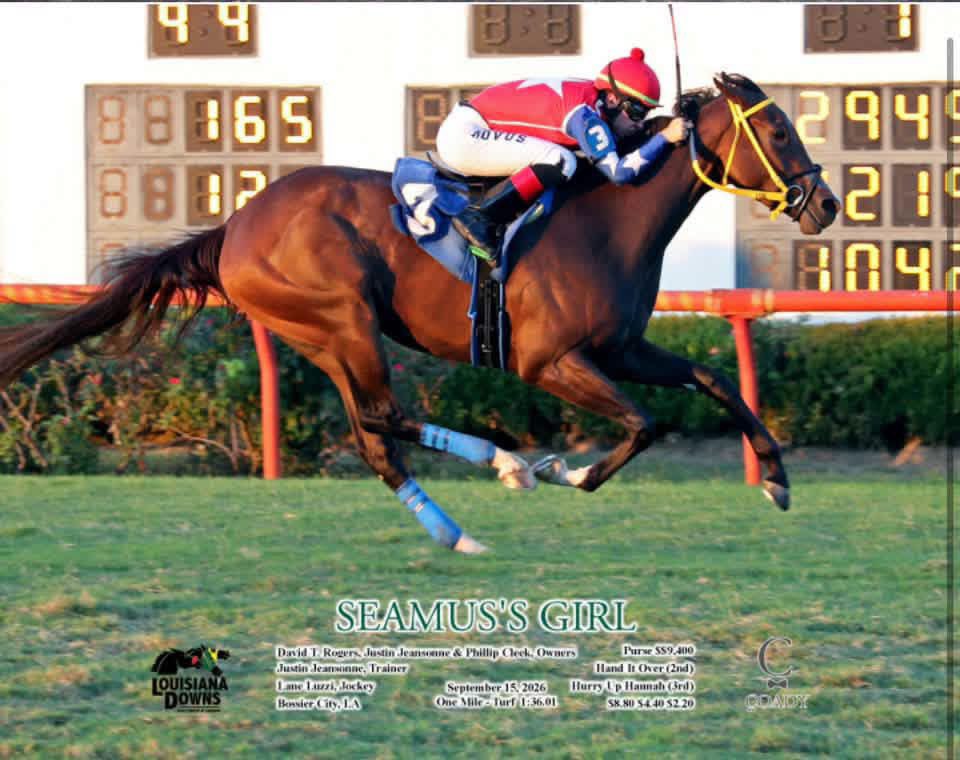 LaneJLuzzi's tweet photo. Seamus’s Girl makes it 2 wins today. In wire to wire fashion. Thanks to the connections for having me up! 
🥇 🥇 
O: David T. Rogers, Justin Jeansonne &amp; @PhilCleek 
T: Justin Jeansonne https://t.co/PS5sNFcBIa
