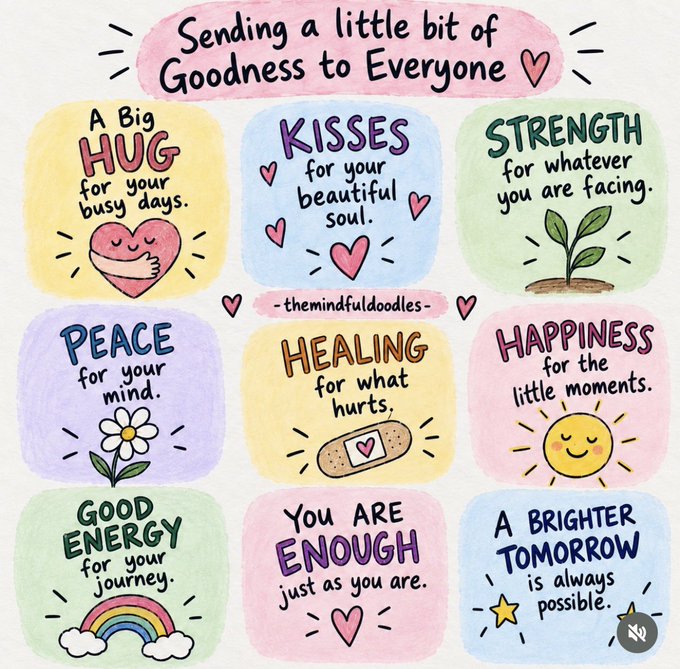 An illustrated motivational poster titled 'Sending a little bit of Goodness to Everyone' featuring doodle-style squares with affirmations like 'A Big Hug', 'Kisses', and 'Strength'.