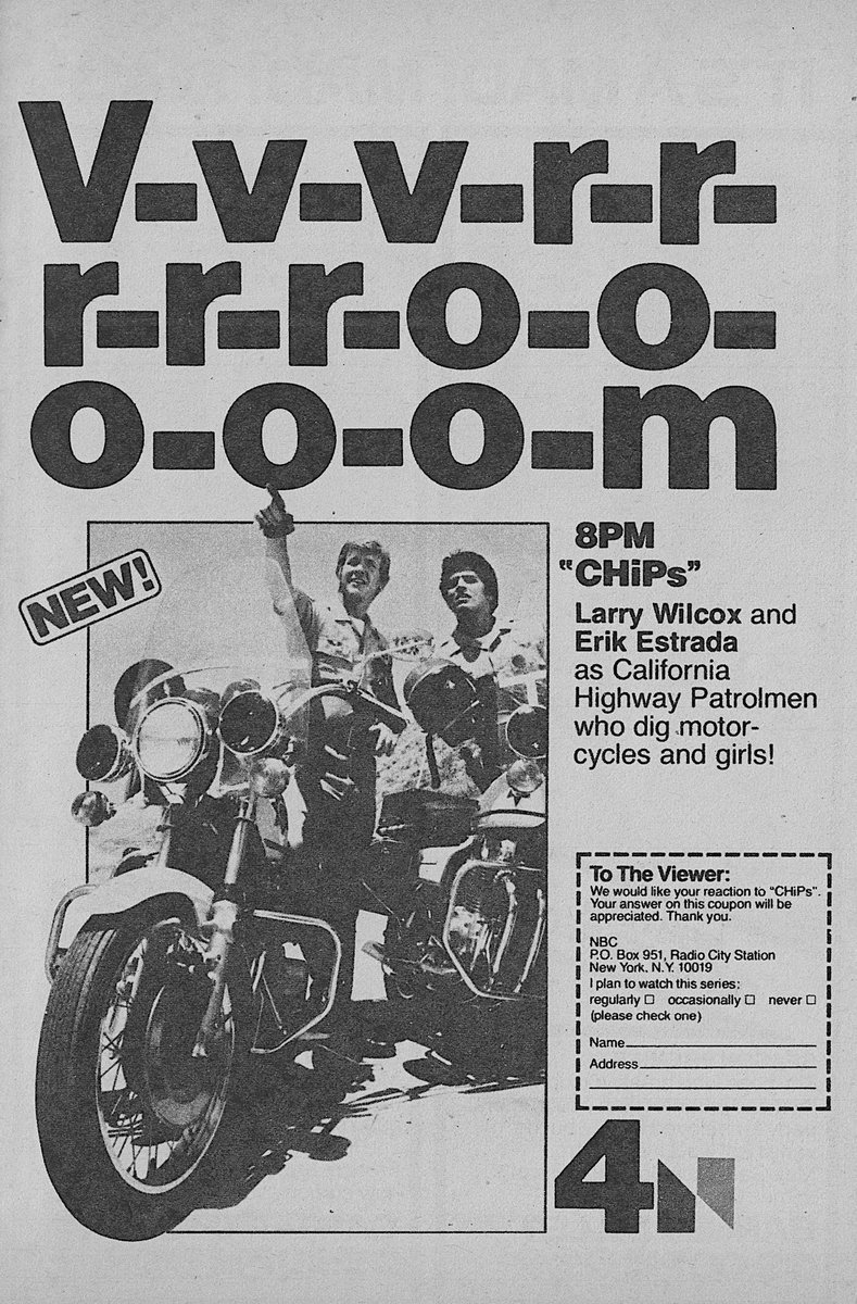 RetroNewsNow's tweet photo. 📺DEBUT: ‘CHiPs’ starring Larry Wilcox and Erik Estrada premiered 49 years ago, September 15, 1977, on NBC https://t.co/Z7aJYxY7qn