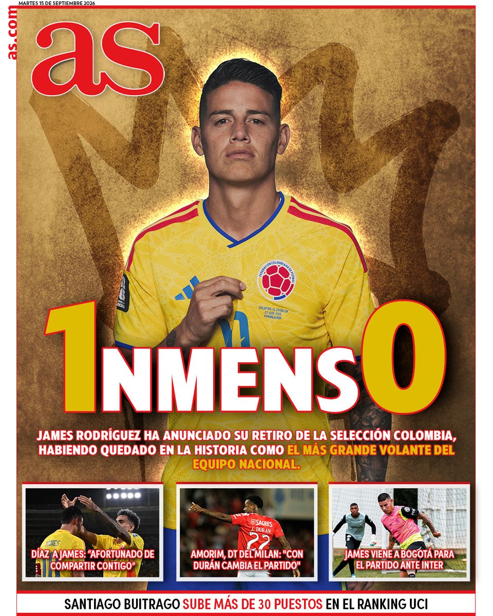 AS_Colombia's tweet photo. 📰 ¡Ya está aquí la portada de #ASColombia!

🇨🇴 1NMENS0

🥹 Díaz a James: "Afortunado de compartir contigo"
👀 Amorim, DT del Milan: "Con Durán cambia el partido"
🟢 James viene a Bogotá para el partido ante Inter

🖇️ https://t.co/nWo3FdSEq8
👍🏻 Compártela https://t.co/FrOG05kP3Q